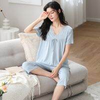 Tilley Dream Spring and Autumn Court Style Comfortable Short-sleeved V-tie Lace Thin Modal Cropped Pants Womens Home Pajamas top