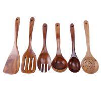 Wooden Utensils Set of 6, Large Kitchen Cooking Utensil for Non Stick Cookware, Natural Teak Wood Spoons Spatula Ladle Colander, Durable Seamless Kitchen Tools