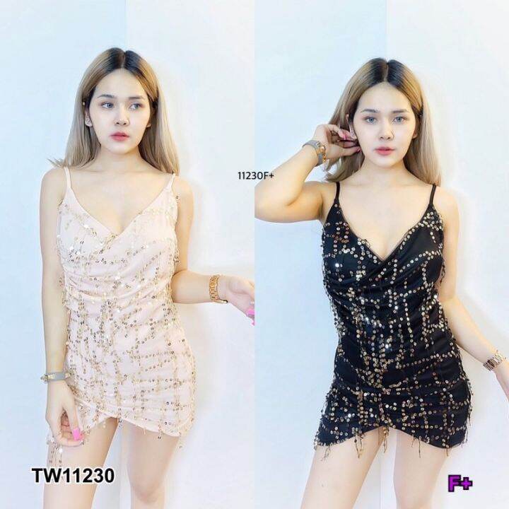 tw11230-เดรสสายเดี่ยวต่งปักวิ้งๆ