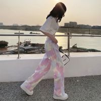 Tie-Dye Jeans Womens Straight Loose Wide-Leg 2021 Summer New Style High Waist Slimmer Look Rainbow Drape Mopping Pants Thin