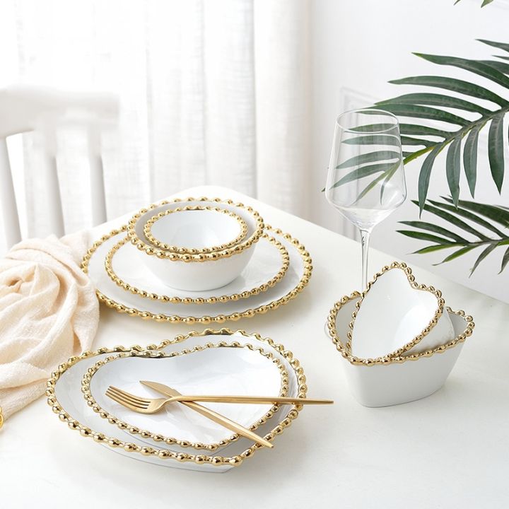 Luxury Ceramic Dinnerware Round Heart Shaped Dessert Plate Dinner Plates  White Bowls with Gold Rim Family Household Tableware