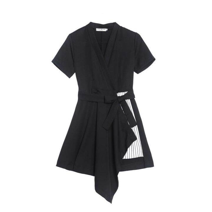 ชุดเดรสสั้นเหนือเข่า-summer-womens-mini-dress-korean-black-dress-irregular-retro-high-waist-short-dress