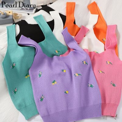 ℡㍿ Diary Knitted Floral Embroidery Crop Top Sleeveless Short Knitting