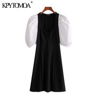 KPYTOMOA Women  Chic Fashion Patchwork Slim Mini Dress Vintage Square Collar Puff Sleeve Female Dresses Vestidos Mujer