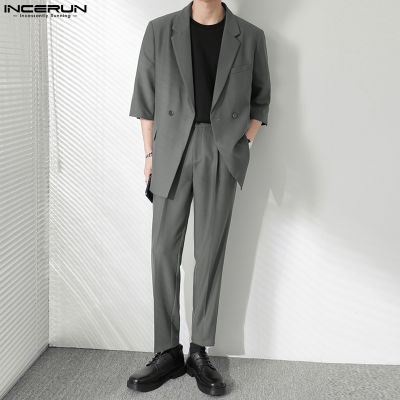 ∈❇▥ hnf531 [Perfectly] INCERUN Mens Formal Sets Double-Breasted Lapel Blazer Solid Loose Straight Pants Suits (Korean Style)