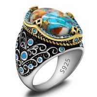 S925 Silver Claw Set Oyster Turquoise Ring Mens Vintage Türkiye Handmade Turquoise Ring Luxury Womens Jewelry Gift 7-8 Size