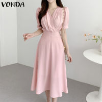 (จัดส่งฟรี)Fancystyle VONDA ชุดเดรสสำหรับผู้หญิง,ชุดเดรสกระโปรงบานแขนพองทรงเอไลน์ชุดเดรสมิดีอเนกประสงค์เก็บเอวคอวี