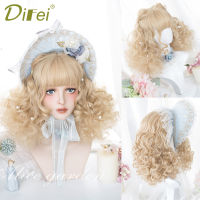 DIFEI Girls Gold Short Curly Wig Lolita Cosplay Wigs For Women Natural Synthetic Heat Resistant Headband Wig Gradient Fake Hair