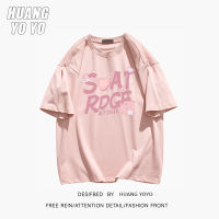 HUANGYOYO เสื้อยืดแขนสั้นสำหรับผู้หญิงพิมพ์ลายตัวอักษร100% ลำลอง