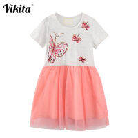 VIKITA Summer Dress for Girl Kids Butterflies Sequined Vestidos Kids Short Sleeve Casual Dresses Children Frocks Costumes