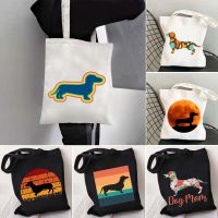 Cute Funny Dachshund Wiener Dog Funky Rainbow Floral Moon Silhouette Halloween Cotton Shopping Canvas Totes Bag Shopper Handbags