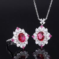 【lz】✣  S925 Sterling Silver Lab Criado Ruby Jewelry Set para Mulheres Designer de Luxo Colar Anel Noivado Presente de Casamento Frete Grátis