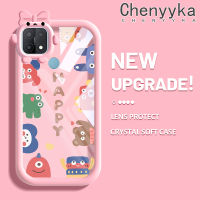 เคส Chenyyka สำหรับ A15 OPPO A35 A15s 4G เคสการ์ตูนแฮปปี้มอนสเตอร์น้อยโบว์นเตอร์น้อยมีความสุขปลอกรูปแบบนุ่มทนต่อการขัดถูเคสโทรศัพท์โปร่งใสฝาครอบป้องกันเลนส์กล้องถ่ายรูป TPU ซิลิกาเจล