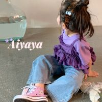 ☾ Aiyaya?ชุดเสื้อผ้าเด็กผู้หญิง?กางเกงยีนเด็กผู้หญิง??ชุดเสื้อยืดแขนสั้นเด็กผู้หญิงลูกไม้สีม่วง กางเกงยีนส์ 2 ชิ้น 075