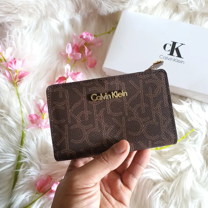 Limited Edition . . French Clutch Folded Wallet Faux  Leather with SIgnature Allover CK Monogram Corner Zip Snap Medium - Dark  Brown/Khaki | Lazada PH