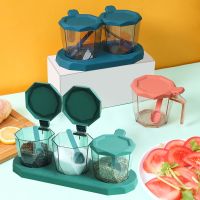 【cw】Seasoning Condiment Container Rack Spice Jar 3 Cells With Spoon Spice ！