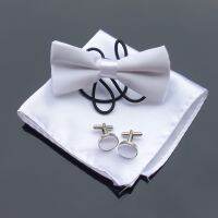 Ikepeibao Kids White Solid Bowtie Sets Hanky Cufflinks Krawatte Formal Wedding Party 1 Set Free Shipping