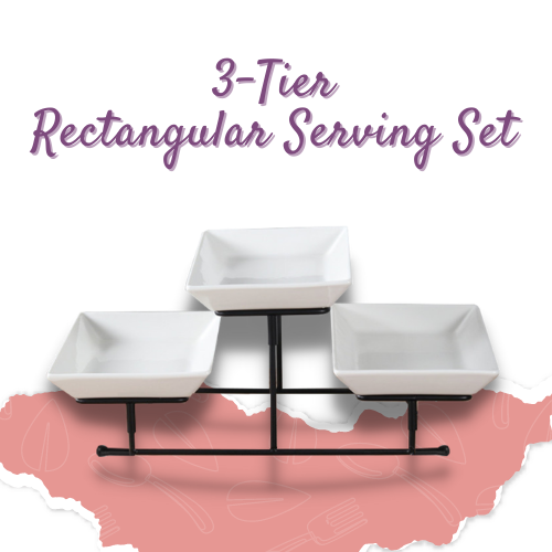3Tier Rectangular Ceramic Buffet Serving Set w/ Metal Wire Stand