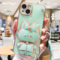 เคสโทรศัพท์ชุบโลหะด้วยไฟฟ้าสำหรับ Huawei P30 P30 Pro P30 P40 P50 Pro สุดหรูเคสแต่งหน้าแฟชั่นกระต่ายผีเสื้อน่ารักกรอบซิลิโคนนิ่ม + เชือกยาว