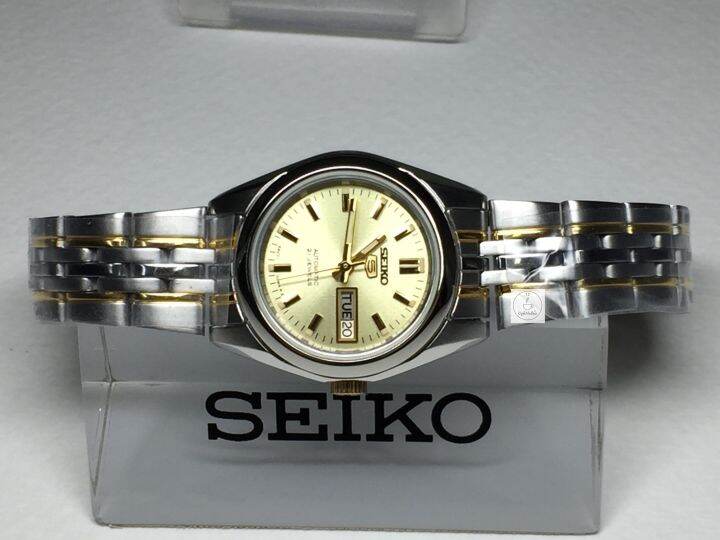 นาฬิกาไซโก้ผู้หญิง-seiko-5-รุ่น-syma37k1-automatic-women-watch-ตัวเรือนและสายสแตนเลสชุบทอง-สาย-2-กษัตรย์-หน้าปัดสีทอง-รับประกันของแท้-100