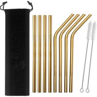 4/8Pcs 8mm Wide Colorful Reusable Metal Drinking Straw 304 Stainless Steel Silver / Gold / Rose Gold Straws With Cleaner Brush