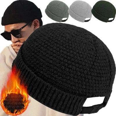 หมวกสีทึบหมวกไหมพรมถักแฟชั่นสำหรับผู้ชาย,หมวกกันหนาวแบบไม่มีปีกหมวกเมลอนทรงหลวมปรับได้