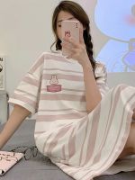 【Ready】? mer sweet sle ghtgown for women 23 new pure an sle striped simple short-sed large size home jamas