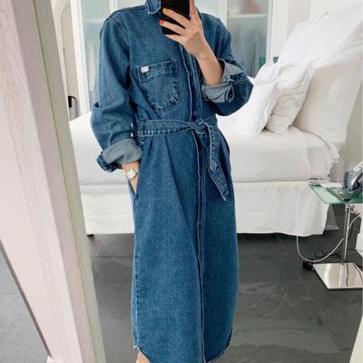 LY VAREY LIN New Autumn Women Vintage Long Denim Dress Loose Outerwear Turn Down Collar Sash Tie Up Casual Streetwear