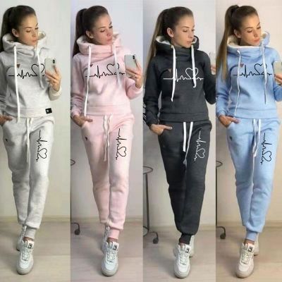 Two Piece Set Tracksuit Women Autumn Spring Hooded Hoodies and Pants Love Heart Pullover Sweatshirts Suit Casual Female Clothes