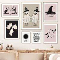 New Nordic Gothic Ghost Skeleton Canvas Wall Art: ธีมแม่มดฮาโลวีนสีชมพูเหมาะสำหรับตกแต่งห้องนั่งเล่น-มีโปสเตอร์และภาพพิมพ์1007