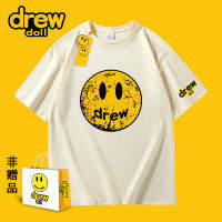 Drew Doll แบรนด์ร่วม2023หน้ายิ้มผ้าฝ้ายพิมพ์ลายแบรนด์แฟชั่นเสื้อยืดแขนสั้นผู้ชายและผู้หญิงเสื้อยืดผู้ชาย