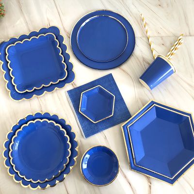 ﹍☋ Blue Disposable Tableware Paper Straw Cup Plates Party baby Shower Birthday Supplies Favors Blue Party Carnival Wedding decor