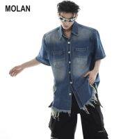 MOLAN เสื้อแจ็กเก็ตผ้าเดนิมสำหรับผู้ชาย,เสื้อแจ็กเก็ตลำลองทรงหลวมเสื้อยีนส์แขนสั้นวินเทจดีไซน์พรีเมียม