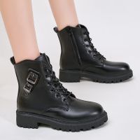 Fashion Buckle Platform Short Boots Women Aututmn PU Leather Lace-Up Ankle Boots Woman Black Thick Bottom Motorcycle Botas Mujer