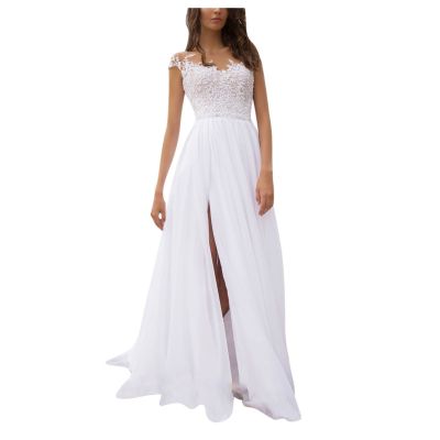 Womens Elegant Lace Chiffon V-Neck Evening Wedding Dress Bridal Gown Dress Lace Dress Split Wedding Dress Dress Women