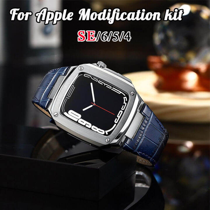 ชุดดัดแปลง44มม-เคสโลหะเหล็กสแตนเลสสตีลและสายหนังสำหรับ-apple-watch-6series-se-5-4-band-i-watch-40มม