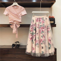 Summer Elegant Pink 2 Piece Set Women Sweet Bowknot Irregular Crop Top Cotton T-Shirt + Mesh Floral Tulle Long Skirts Suits