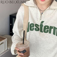 Ruo Bei Xuan เสื้อสเวตเตอร์ผู้หญิง,เสื้อกันหนาว2023ฤดูใบไม้ผลิและฤดูใบไม้ร่วงเสื้อสวมศีรษะมีปกทรงหลวมเสื้อซิปเสื้อโปโลพิมพ์ลาย