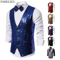 Shiny Royal Blue เลื่อมชุดเสื้อผู้ชาย Slim Fit V คอ Glitter Tuxedo Waistcoat Mens งานแต่งงาน Stage Prom เสื้อกั๊ก Bowtie