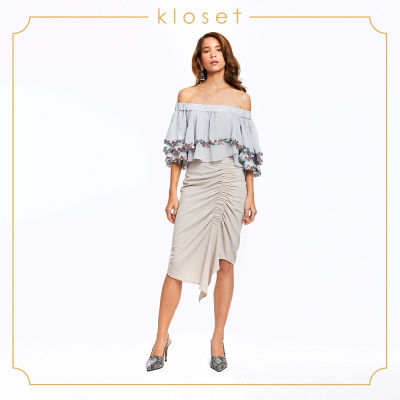 Kloset Midi Skirt With Detail At Front (RS19-S002)เสื้อผ้าผู้หญิง เสื้อผ้าแฟชั่น กระโปรงแฟชั่น