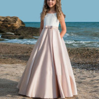 Elegant A-line Pink Girl Dress For Party Wedding 2021 O-Neck Floor-Length Sleeveless Bow Belt Backless Design for girl Hot Sale