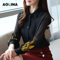 เสื้อเบลาส์หลวมสีแขนยาวแบบใหม่ในฤดูใบไม้ร่วง AOLINA อารมณ์เสื้อชีฟองปักสีดำเสื้อชีฟอง