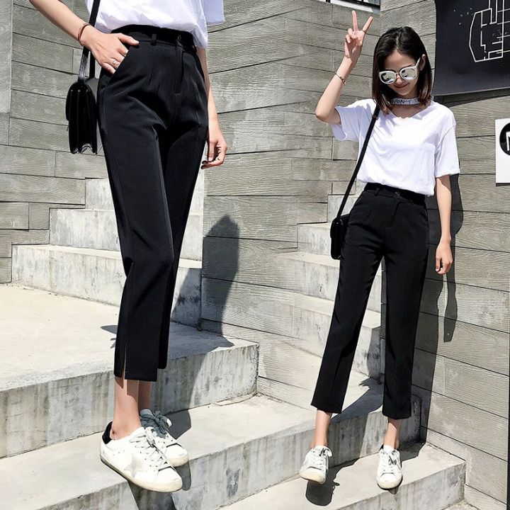 สไตล์เกาหลีฤดูร้อนผู้หญิงสูทกางเกงเอวสูงสีเบจกางเกงสีดำที่มีร่องผู้หญิงที่สง่างามสาวกางเกงลำลองคาปรี