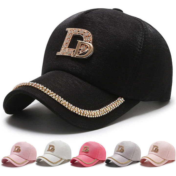 shiqinbaihuo-หมวกเบสบอลมีตัวอักษร-d-หมวกแก๊ปผ้าฝ้ายติดพลอยเทียมทันสมัยหมวกฮิปฮอปหมวกแก๊ปสำหรับผู้หญิงหมวกป้องกันรังสียูวี