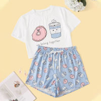 Womens Sleepwear Shorts Set Cute Cartoon Print Female Pajamas Sweet Short Sleeve T Shirt And Elastic Waist Trousers 2021 Summer