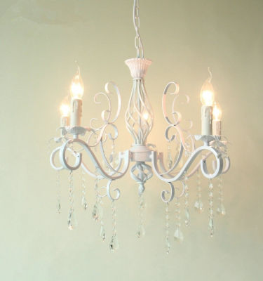 Vintage Wrought Iron Crystal Chandelier White Ceiling lamp E14 Candle Lights Lighting Fixture