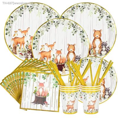 △◎№ Jungle Animal Fox Sika Deer Disposable Tableware Birthday Party Decoration Forest Safari Theme Birthday Baby Shower Supplies