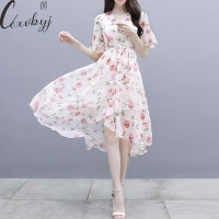 Floral Dress ashion V-Neck Chiffon Print Flowy Party Dress Female Korean Style Ruffle Sleeve Summer Midi Dress Vestidos