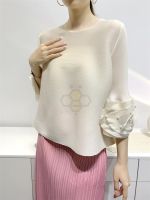 ♠▧▨ Aiden001 Average Size (45-70Kg) Loose High Elasticity Non-Ironing Pleated Top 3/4 Sleeves Beaded Spring Summer T-Shirt Round Neck Loose And Slim S-506