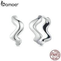 Bamoer 925 Sterling Silver Twisted Line Ear Buckles Geometric Wave Hoop Earrings For Women Girls Original Design Fine Jewelry